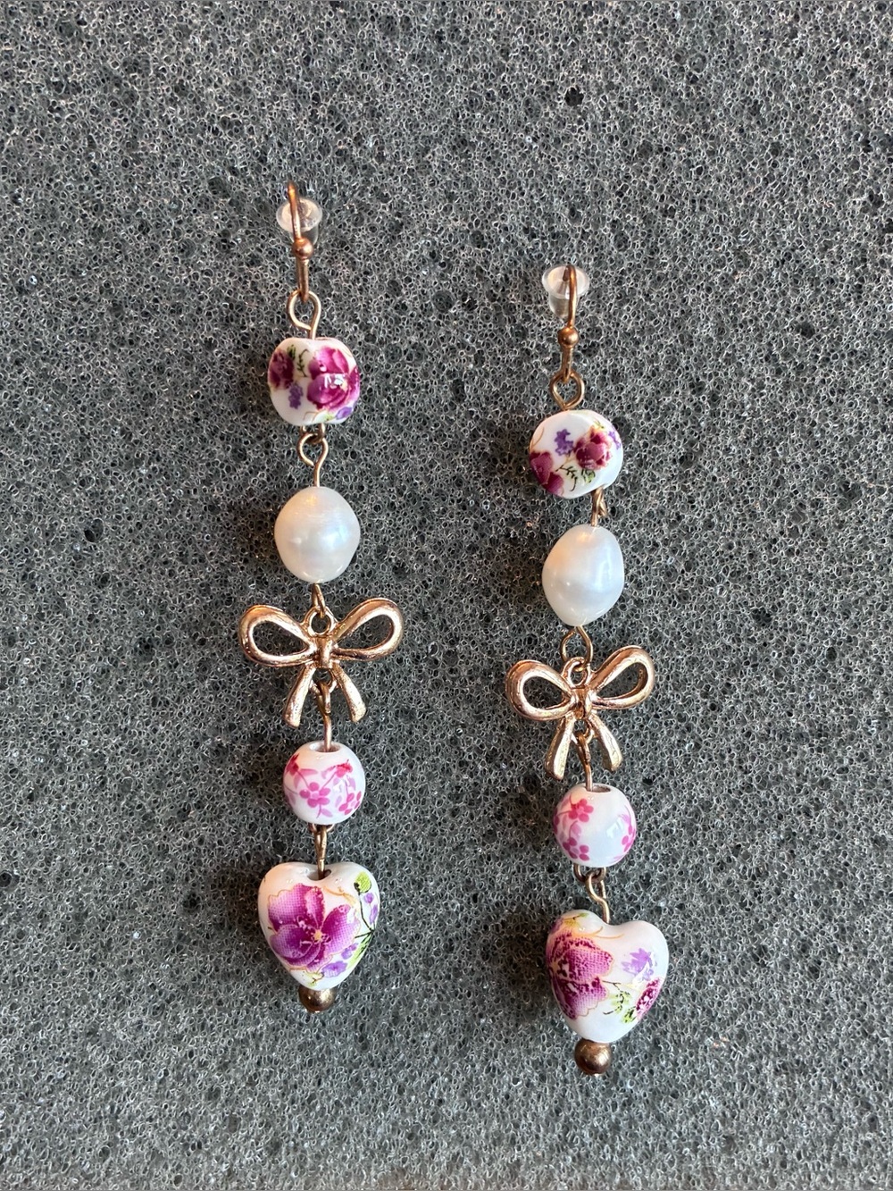 Floral Porcelain Bead Pearl Bow Dangle Earrings Cottagecore Romantic